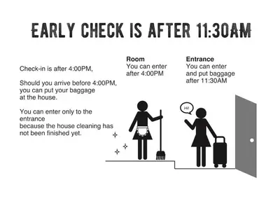 a sign that says early check is after with two people with luggage at PDO INN Coffee & Open-air bath on the roof in Tokyo