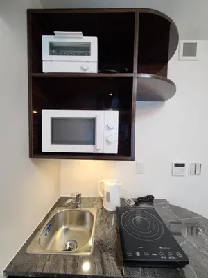 a kitchen counter with a sink and a microwave at \u30d1\u30fc\u30ea\u30fc\u30d5\u30e9\u30c3\u30c4\u54c1\u5ddd\u9ad8\u8f2a\u53f0 PEARLY FLATS Shinagawa Takanawadai in Tokyo