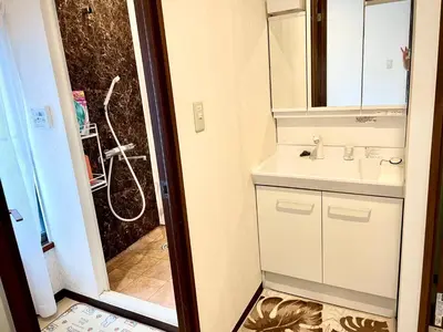 a bathroom with a sink and a shower at \u65b0\u5bbf\u3078\u884c\u304f\u4fbf\u5229\u306e\u4e00\u8ed2\u5bb6 in Tokyo