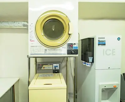 a washing machine sitting on a shelf next to a refrigerator at Kanda Station Hotel in Tokyo
