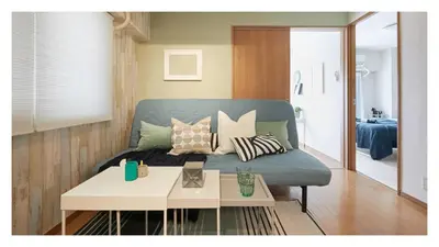 a living room with a couch and a table at Autumn Apartment Shinjuku in Tokyo