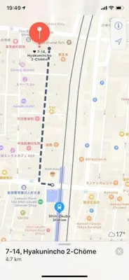 a screenshot of a google map with a red arrow at Autumn Apartment Shinjuku in Tokyo
