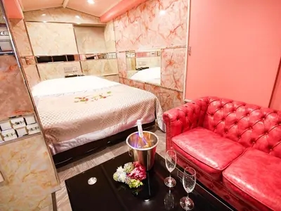 a room with a red couch and a bed and a mirror at HOTEL PARK SIDE in Tokyo
