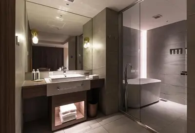 a bathroom with a sink and a shower at THE skM TOKYO HOTEL & DINING in Tokyo