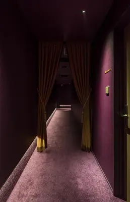 a dark hallway with curtains and purple walls at THE skM TOKYO HOTEL & DINING in Tokyo