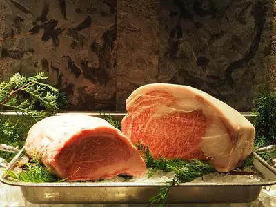 two pieces of meat sitting on a tray at THE skM TOKYO HOTEL & DINING in Tokyo
