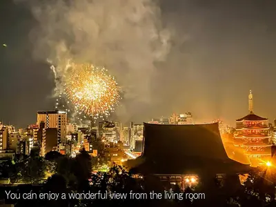 aventricular view of aventricular view from the kings room with fireworks at TenTen Guesthouse in Asakusa in Tokyo