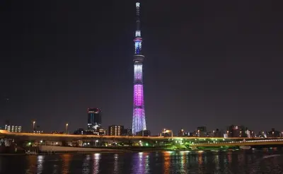 a tall tower lit up in purple and blue at night at \u30d7\u30c1\u30db\u30c6\u30eb\u3000\u30b3\u30b9\u30e2\u30b9 in Tokyo