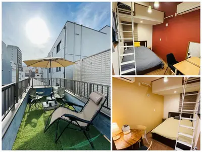 a collage of photos of a balcony with a bed and a bed at Asakusa，2BR Cozy Detached House，10mins to Sensō-ji in Tokyo
