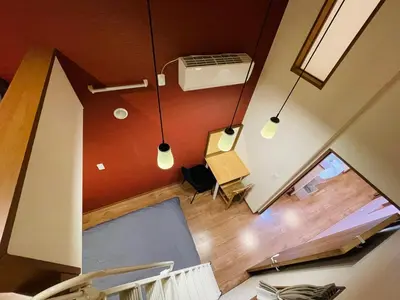 an overhead view of a living room with a air conditioner at Asakusa，2BR Cozy Detached House，10mins to Sensō-ji in Tokyo