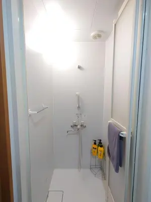 a white bathroom with a shower with a glass door at peter hotel akihabara in Tokyo