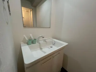 a bathroom with a white sink and a mirror at peter hotel akihabara in Tokyo