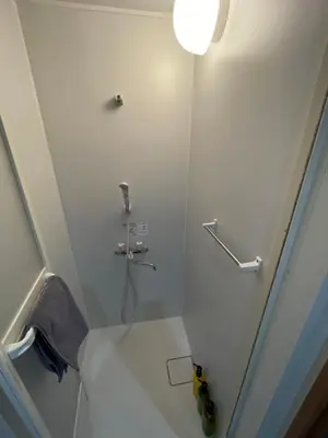 a white bathroom with a shower with a light at peter hotel akihabara in Tokyo