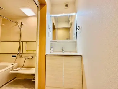 a small bathroom with a sink and a shower at One-Ikebukuro TS0230 in Tokyo