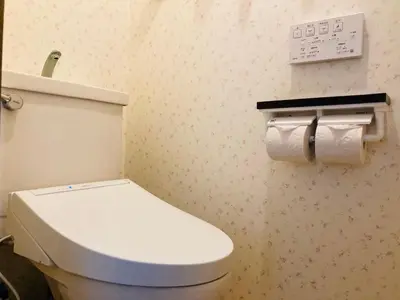 a toilet in a bathroom with a toilet paper dispenser at Ikebukuro Sta 8 mins Good Access Modern House TS0318 in Tokyo