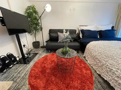 a living room with a bed and a red rug at BEST LOCATED SHINJUKU CENTRAL Full-Furnished APARTMENT 3minWalk to Station2 in Tokyo