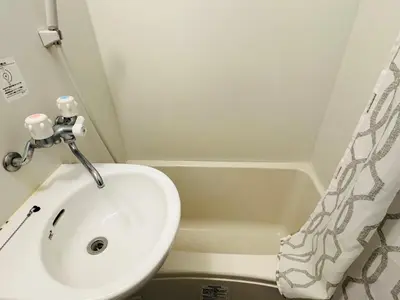 a bathroom with a sink and a shower curtain at Kabukicho-503-SJ0010 in Tokyo