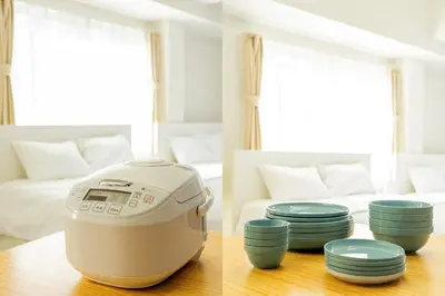 two images of a food processor and plates on a table at ILIMA Higashi Nakano - Vacation STAY 89505v in Tokyo