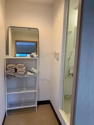a bathroom with a walk in shower and a mirror at Spacious studio(62m2) in western Shinjuku in Tokyo