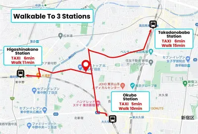 a map of the walkable to stations at North Shinjuku house 5\u99c5\u5f92\u6b69\u570f\u5185\u306e\u5317\u65b0\u5bbf\u306e\u5bb6 in Tokyo