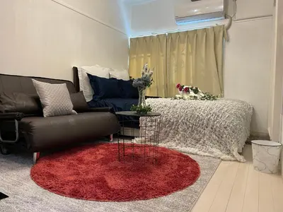 a living room with a couch and a red rug at BEST LOCATED SHINJUKU CENTRAL Full-Furnished APARTMENT 3minWalk to Station1 in Tokyo