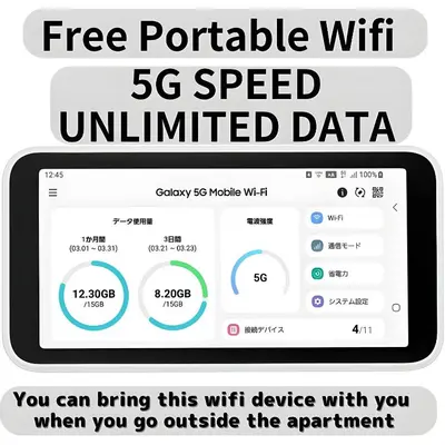 a screenshot of a cell phone with the text free portable wifi speed unlimited data at Best Shinjuku Modern Full-furnished Apartment1 ONLY 2min to Shinjuku by Train in Tokyo