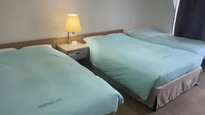 two twin beds in a hotel room with a lamp at Olympic Inn Kanda in Tokyo