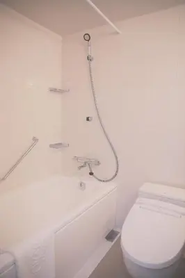 a white bathroom with a toilet and a shower at Ueno Colon Hotel in Tokyo