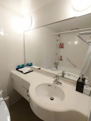 a bathroom with a white sink and a mirror at Ueno Colon Hotel in Tokyo