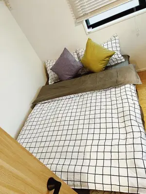 a bed with pillows on it in a room at \u6210\u7530\u7fbd\u7530\u7a7a\u6e2f\u76f4\u884c skytree \u4e0a\u91ce asakusa \u9280\u5ea7\u76f4\u884c \u99c5\u304b\u3089\u5f92\u6b698\u5206\u65b0\u7bc9\u6238\u5efa \u99d0\u8eca\u5834\u4ed8\u3044\u3066\u306a\u3044 in Tokyo