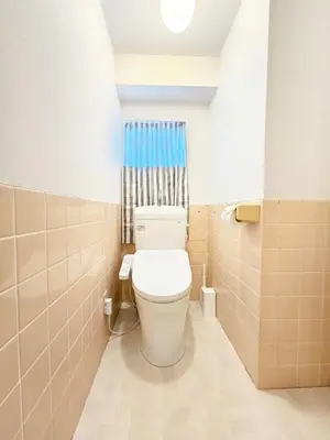 a bathroom with a toilet and a blue curtain at \u6b4c\u821e\u4f0e\u753a704 in Tokyo