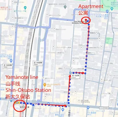 a map of a subway line with red circles at OkuboZYZ SJ0244 in Tokyo