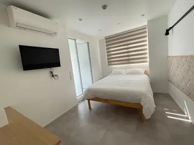 a bedroom with a bed and a flat screen tv at Hotel Apreton in Tokyo